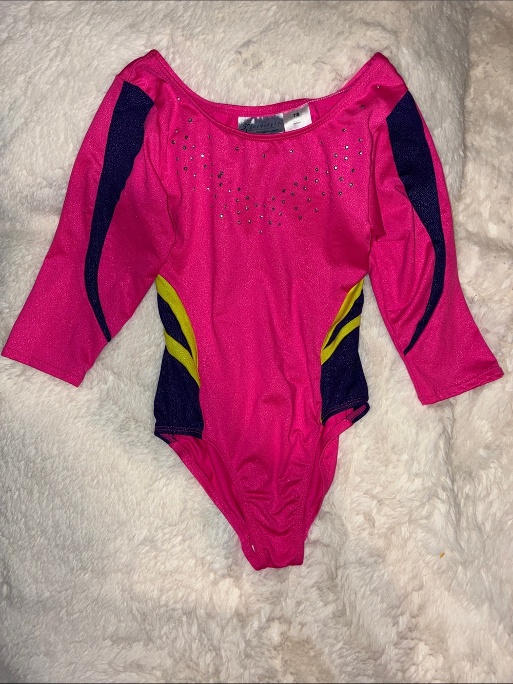 Danskin Hot Pink Long Sleeve Gymnastics Leotard with Navy & Yellow Accents